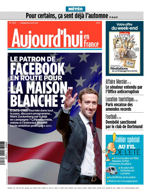 Le quotidien Aujourd'hui en France, Le Parisien du 11 aout 2017