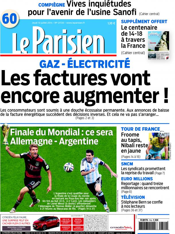 L'édition Le Parisien ,Aujourd'hui en France du 10 juillet 2014