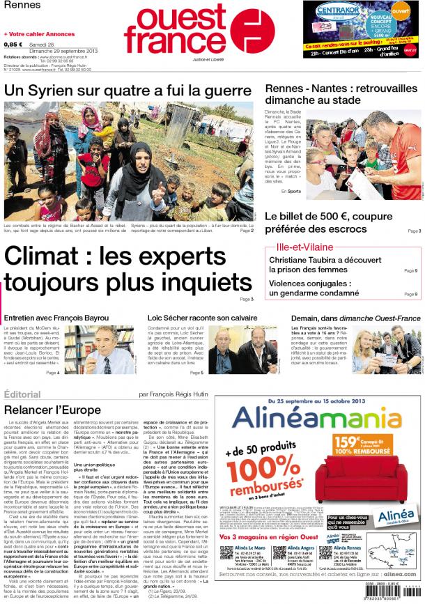 La Une de Ouest-France du 28 septembre 2013: Bientôt un an, déjà des avis d'experts sur le climat !